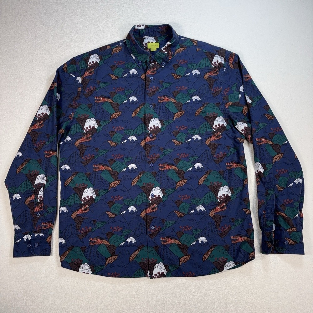 Poplin & Co Shirt Men's L Navy Dragon Mountain Pocket 100% Cotton Button Down